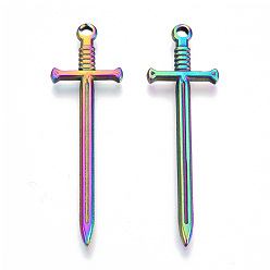 Rainbow Color 304 Stainless Steel Pendants, Sword Charm, Rainbow Color, 45x13.5x2mm, Hole: 1.8mm