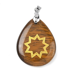 Тигровый глаз Природных тигровый глаз подвески, с реечной обшивкой латунными выводами, без кадмия и без свинца, подвеска в виде капли и звезды, 31x25x5~7 мм, отверстие : 4.5x4 мм