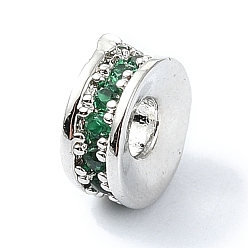 Green Rack Plating Brass Pave Cubic Zirconia Beads, Long-Lasting Plated, Lead Free & Cadmium Free, Real 18K Gold Plated, Flat Round, Green, 6x2.7mm, Hole: 2.2mm