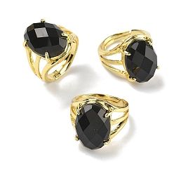 Обсидиан Латунные манжеты с открытыми кольцами, с естественным обсидианом, овальные, граненые, стойки покрытие, долговечный, золотые, 18 мм