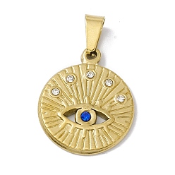 Golden Vacuum Plating 304 Stainless Steel Pendants, with Rhinestone, Flat Round with Horse Eye, Golden, 22x18.5x2mm, Hole: 6.5x3mm