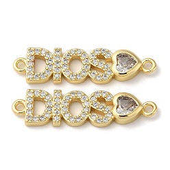 Real 18K Gold Plated Rack Plating Brass Pave Clear Cubic Zirconia Connector Charms, Long-Lasting Plated, Lead Free & Cadmium Free, Letter DIOS Heart Links, Real 18K Gold Plated, 7x26x3mm, Hole: 1.2mm