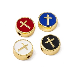 Mixed Color Real 18K Gold Plated Brass Enamel Beads, Long-Lasting Plated, Cadmium Free & Lead Free, Flat Round with Cross, Mixed Color, 11x4.5mm, Hole: 1.8mm