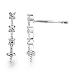 Real Platinum Plated 925 Sterling Silver Stud Earring Findings Micro Pave Cubic Zirconia, for Half Drilled Beads, with S925 Stamp, Cuboid, Real Platinum Plated, 15.5x3x2mm, Pin: 0.7×12mm, Tray:3mm.