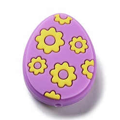 Violet Easter Egg with Flower Silicone Beads, Violet, 29.5x23x9.5mm, Hole: 2.5mm