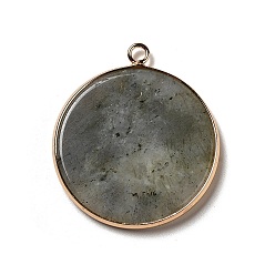 Labradorite Natural Labradorite Pendants, Flat Round Charms, with Golden Plated Brass Frame, 35x31x3~3.5mm, Hole: 2.5mm