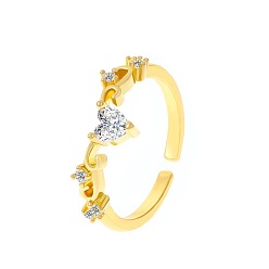 Golden Brass Rhinestone Open Cuff Rings, Heart, Golden, Inner Diameter: 20mm