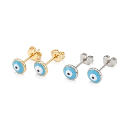 Turquoise Brass Enamel Stud Earrings, Long-Lasting Plated, Flat Round with Evil Eye, Real Gold Plated & Real Platinum Plated, Mixed Color, Turquoise, 6x2.5mm, Pin: 0.8mm