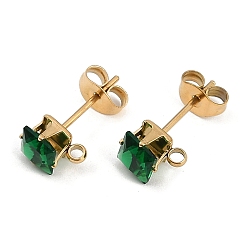 Зеленый Ионное покрытие (ip) 304 фурнитура для сережек-гвоздиков из нержавеющей стали с кубическим цирконием, квадратный, зелёные, 7x5.5 мм, отверстие : 1.4 мм, штифты : 0.8 мм