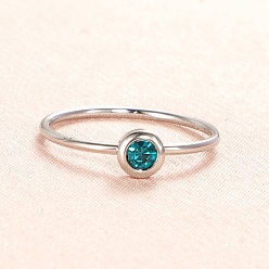 Dodger Blue Glass Flat Round Finger Ring, Stainless Steel Color Stainless Steel Ring, Dodger Blue, Inner Diameter: 18.2mm