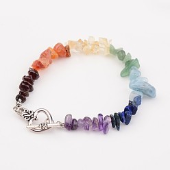 Mixed Stone Chip Natural Gemstone Beads Bracelets, with Tibetan Style Alloy Bar & Ring Toggle Clasps, 7-1/2 inch(19cm)