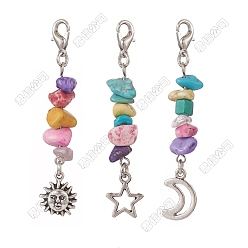 Antique Silver & Platinum 3Pcs 3 Styles Tibetan Style Alloy Pendant Decorations, with 7 Chakra Synthetic Turquoise Beads and Alloy Lobster Claw Clasps, Antique Silver & Platinum, 61~64mm, 1pc/style