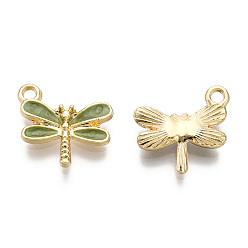 Olive Drab Light Gold Plated Alloy Charms, with Enamel, Dragonfly, Olive Drab, 14.5x15.5x3mm, Hole: 1.8mm