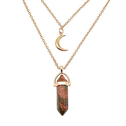 Unakite Natural Unakite Cone Pendant Double Layer Necklace, with Moon Charms, 19.69 inch(50cm)