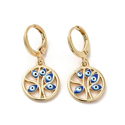 Royal Blue Tree with Evil Eye Real 18K Gold Plated Brass Dangle Leverback Earrings, with Enamel, Royal Blue, 28.5x13.5mm