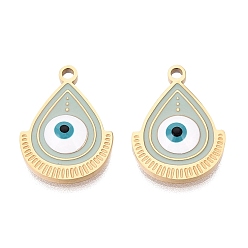 Dark Sea Green 304 Stainless Steel Enamel Pendants, Teardrop with Evil Eye Pattern Charms, Ion Plating(IP), Long-Lasting Plated, Golden, Dark Sea Green, 17x12.5x2.5mm, Hole: 1.5mm