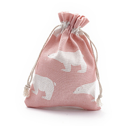 Pink Polycotton(Polyester Cotton) Packing Pouches Drawstring Bags, with Printed White Bear, Pink, 18x13cm