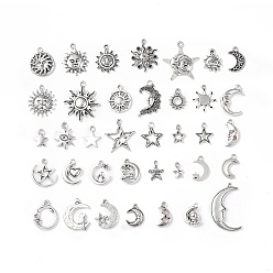 Antique Silver Tibetan Style Alloy Pendants, Sun & Moon & Star Charms, Antique Silver, 11~32x8~24x1.5~4mm, Hole: 1.8mm, 35pcs/set