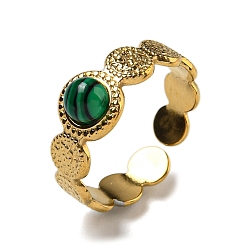 Настоящее золото 18K Ионное покрытие (ip) 304 открытые манжеты из нержавеющей стали, кольца на круглый палец из синтетического малахита для женщин и мужчин, реальный 18 k позолоченный, регулируемый