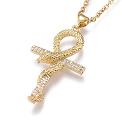 Golden Brass Micro Pave Clear Cubic Zirconia Pendant Necklaces, with 304 Stainless Steel Cable Chains, Cross with Snake, Golden, 17.52 inch(45cm)