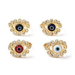 Mixed Color Lampwork Evil Eye Open Cuff Ring with Clear Cubic Zirconia, Real 18K Gold Plated Brass Jewelry for Women, Mixed Color, Inner Diameter: 18mm
