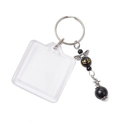 Платина Акриловый брелок, с железными кольцами и натуральным черным ониксом и обсидианом, ангел, платина, 73 мм