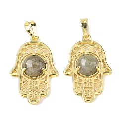 Лабрадорита Природные подвески лабрадорита, латунные полые хамса ручные амулеты, стойки покрытие, без кадмия и без свинца, золотые, 33x22x6.5 мм, отверстие : 7.5x5 мм