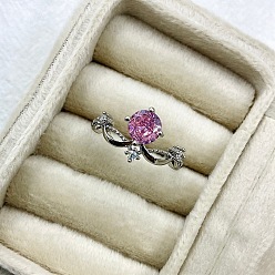 Flamenco Anillos de dedo ajustables de latón con micro pavé de circonita cúbica para mujer, corona, Platino, flamenco, 15~20 mm