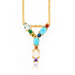 Letter Y Golden Brass Micro Pave Cubic Zirconia Initial Pendants Necklaces, with Cable Chains, Colorful, Letter, Letter.Y, 17.9~18.1 inch(45.5~46cm)x1.5mm, LetterY: 21x13.5x6mm