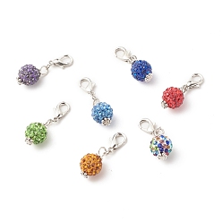 Mixed Color Polymer Clay Rhinestone Pendant Decorates, with Alloy Lobster Claw Clasps & Beads, Round, Mixed Color, 30mm