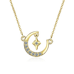 golden pendant+chain Simple Short Collarbone Chain with Diamond Inlaid Star and Moon Pendant Necklace.