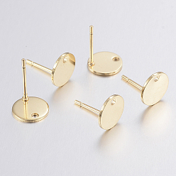 Golden 304 Stainless Steel Stud Earring Findings, with Flat Plate, Flat Round, Golden, 8x0.8mm, Hole: 1.2mm, Pin: 0.8mm