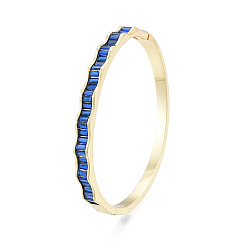Medium Blue Cubic Zirconia Wave Hinged Bangle, Golden Brass Jewelry for Women, Nickel Free, Medium Blue, Inner Diameter: 1-7/8x2-3/8 inch(4.9cm)