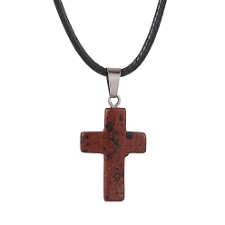 Mahogany Obsidian Natural Mahogany Obsidian Cross Pendant Necklaces, with Imitation Leather Cords, 17.80 inch(45.2cm)