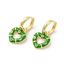 Green Heart Real 18K Gold Plated Brass Dangle Hoop Earrings, with Cubic Zirconia and Enamel, Green, 21.5x11.5mm