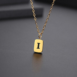 Letter I Titanium Steel Rectangle with Initial Letter Pendant Necklace with Cable Chains for Women, Golden, Letter.I, 17.72 inch(45cm)