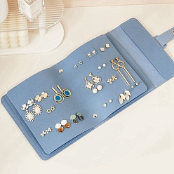 Steel Blue PU Imitation Leather Earring Storage Bags, Portable Travel Jewelry Earring Organizer Bag, Rectangle, Steel Blue, 16x14x4cm