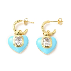 Cyan Enamel Heart Dangle Stud Earrings with Clear Cubic Zirconia, Real 18K Gold Plated Brass Jewelry for Valentine's Day, Cyan, 32.5mm, Pin: 0.7mm
