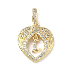 Letter L Латунные микропаве прозрачные подвески с фианитом, крыло с буквенными подвесками, без свинца и без кадмия, долговечный, стойки покрытие, реальный 18 k позолоченный, Письмо L, 20.5x18x3.5 мм, отверстие : 4.5x3.5 мм