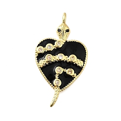 Черный Латунные микро проложить кубического циркония подвески, с эмалью, сердце со змеиными чарами, без свинца и без кадмия, стойки покрытие, долговечный, чёрные, 28.5x15.5x3 мм, отверстие : 1.6 мм