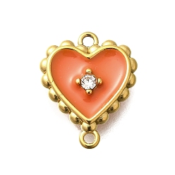 Оранжевый 304 подвески-сердечки из нержавеющей стали с эмалью, с кристально горный хрусталь, ионное покрытие (ip), реальный 14 k позолоченный, оранжевые, 12.5x10x3 мм, отверстие : 1 мм