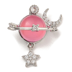 Ярко-Розовый Латунные микро проложить кубического циркония подвески, cmолой, долговечный, платина, планета, луна и звезда, ярко-розовый, 25x22x14 мм, отверстие : 4x2 мм