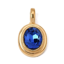 Sapphire 304 Stainless Steel with Rhinestone Pendants, Oval Charms, Ion Plating(IP), Real 18K Gold Plated, Sapphire, 23x13.5x6.5mm, Hole: 5x3mm