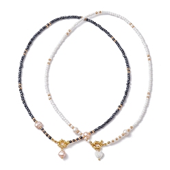 Mixed Color 2Pcs 2 Style Natural Pearl Heart Pendant Necklace, Stackable Necklaces with Seed Beaded, Mixed Color, 17-5/8~17-3/4 inch(44.9~45.1cm), 1Pc/style