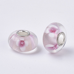 Rose Brumeux Perles européennes en lampwork faits à la main, fleur intérieure, Perles avec un grand trou   , avec noyaux simples en laiton plaqué couleur argent, rondelle, rose brumeuse, 14x7.5mm, Trou: 4mm