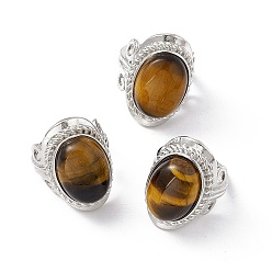 Tiger Eye Natural Tiger Eye Oval Adjustable Ring, Platinum Brass Jewelry for Women, Cadmium Free & Nickel Free & Lead Free, US Size 7 3/4(17.9mm)