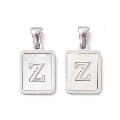 Letter Z 304 Stainless Steel Pave Shell Pendants, Rectangle Charm, Stainless Steel Color, Letter Z, 17.5x12x1.5mm, Hole: 3x5mm