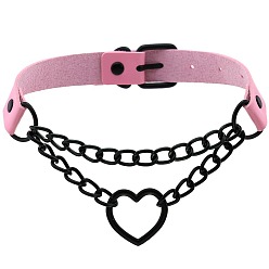 Pink (Spades) Fashionable Heart-shaped Black Chain Collar Necklace with Lock, PU Leather Material