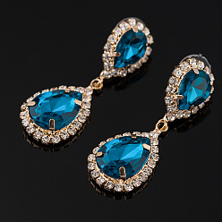 Gold + Peacock Blue Sparkling Bridal Drop Earrings with Rhinestones for Fashionable Women