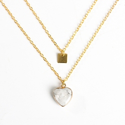 Howlite Golden Alloy Double Layer Necklace, Natural Howlite Heart & Alloy Square Tag Pendants Necklace, Pendant: 15mm